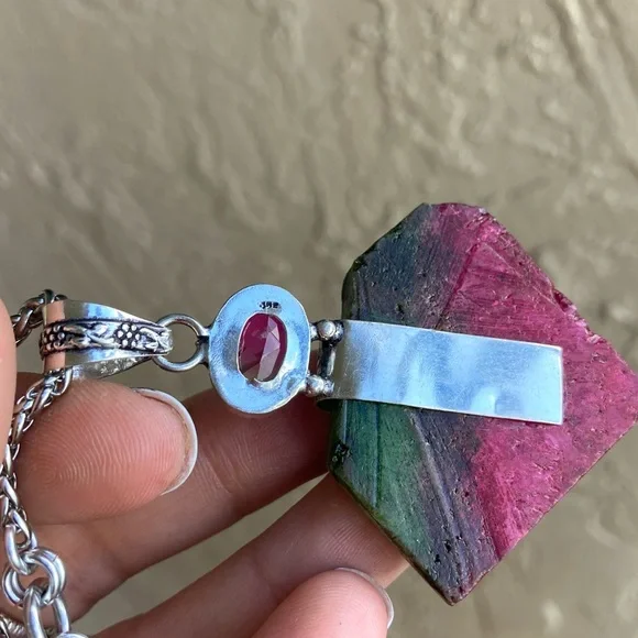 925 sterling silver overlay pink green agate & mystic topaz bee boho necklace . - Picture 5 of 14